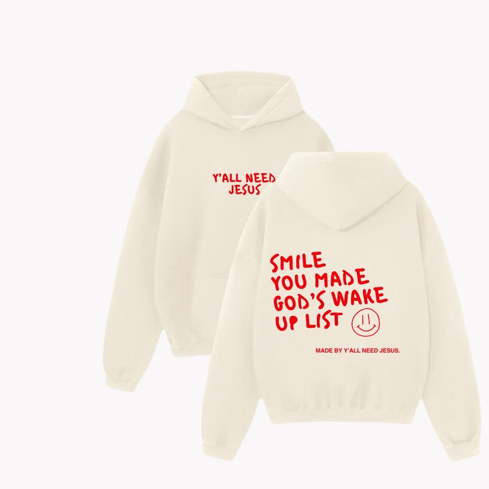 "SMILE" Premium Puff Hoodie | Cream & Red - Yall Need Jesus Co.