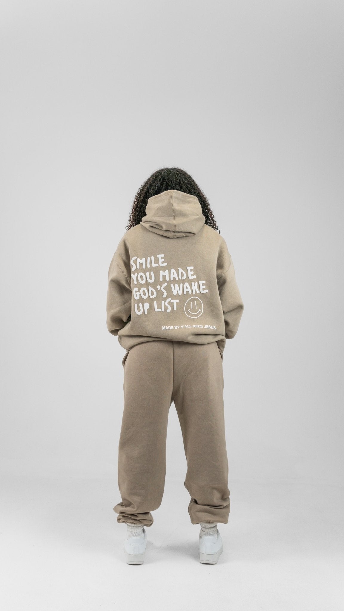 "SMILE" Premium Puff Hoodie | Tan & White - Yall Need Jesus Co.